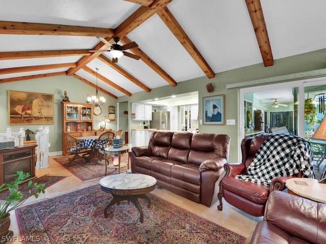 living room featuring vaulted ceiling with beams and a chandelier