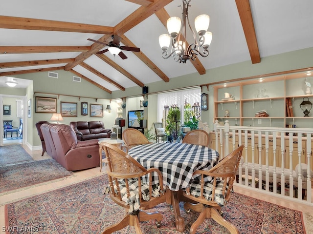 dining space featuring vaulted ceiling with beams and ceiling fan with notable chandelier