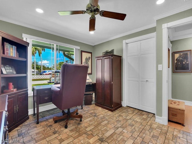 office space featuring ceiling fan and ornamental molding