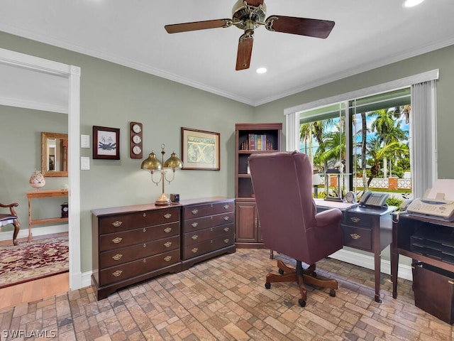 office area featuring ceiling fan and ornamental molding