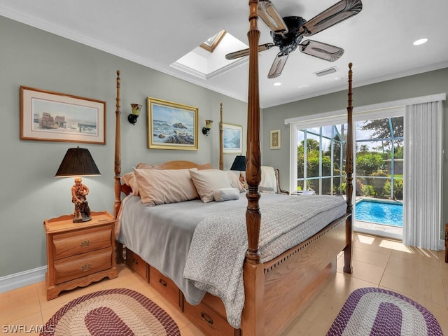 bedroom with access to outside, ceiling fan, light tile patterned flooring, and ornamental molding