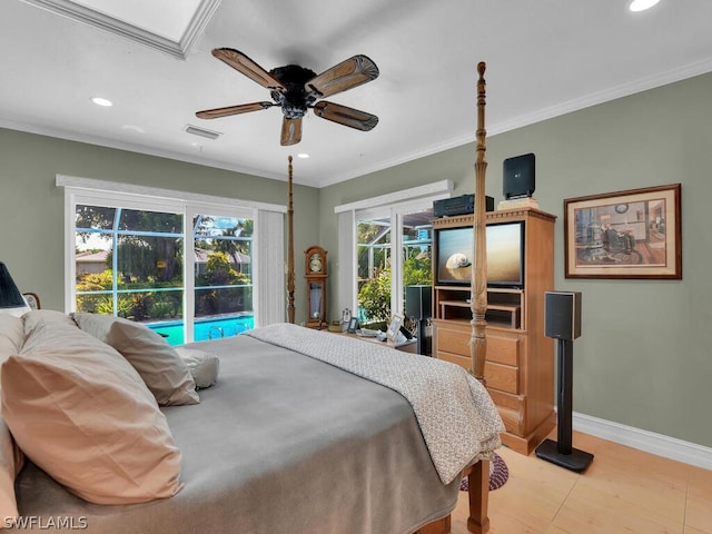 bedroom featuring access to exterior, ceiling fan, ornamental molding, and light tile patterned flooring