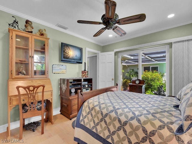 bedroom featuring ceiling fan, crown molding, and access to outside