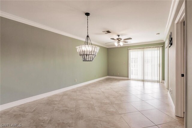 tiled spare room featuring ceiling fan with notable chandelier