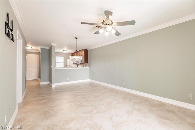 unfurnished living room featuring crown molding, tile floors, and ceiling fan with notable chandelier