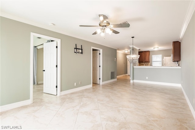 unfurnished living room with ornamental molding, light tile flooring, and ceiling fan with notable chandelier