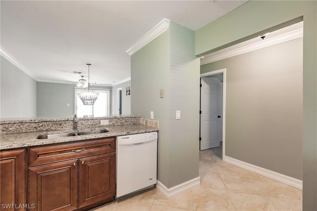 kitchen with hanging light fixtures, light stone countertops, white dishwasher, sink, and light tile floors