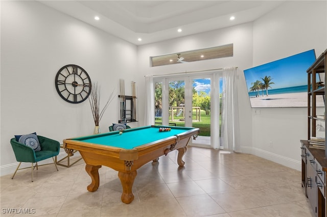 rec room with billiards, french doors, and a high ceiling