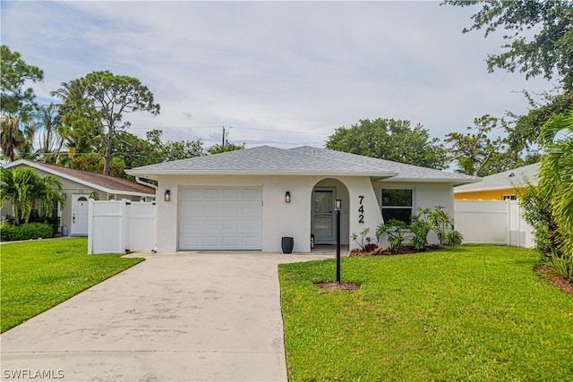 ranch-style home with a garage and a front yard