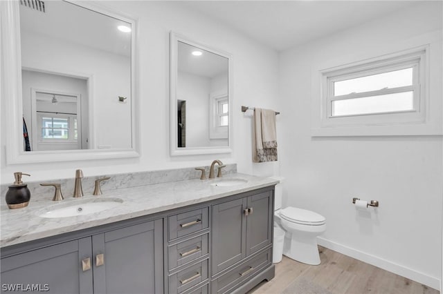 bathroom with hardwood / wood-style floors, vanity, and toilet