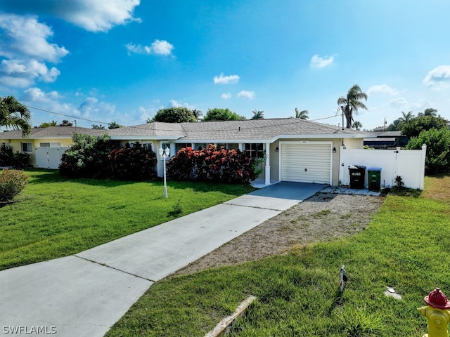 ranch-style home with a garage and a front yard