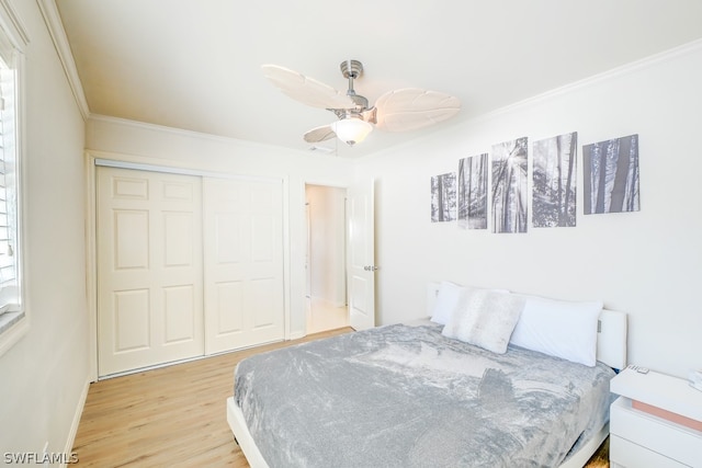 bedroom with multiple windows, a closet, ceiling fan, light wood-type flooring, and ornamental molding