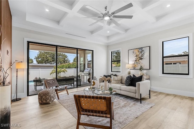 689 101st Ave N, Naples, FL 34108 - living area featuring coffered ceiling, plenty of natural light, a ceiling fan, light wood-type flooring, and recessed lighting
