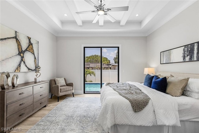 689 101st Ave N, Naples, FL 34108 - bedroom featuring access to outside, light wood-style floors, beamed ceiling, recessed lighting, and a ceiling fan