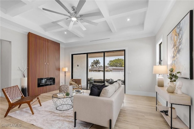 689 101st Ave N, Naples, FL 34108 - living room featuring coffered ceiling, light wood-style flooring, ceiling fan, recessed lighting, and beamed ceiling