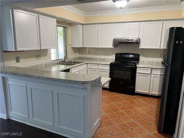 kitchen featuring white cabinetry, kitchen peninsula, black appliances, sink, and ornamental molding