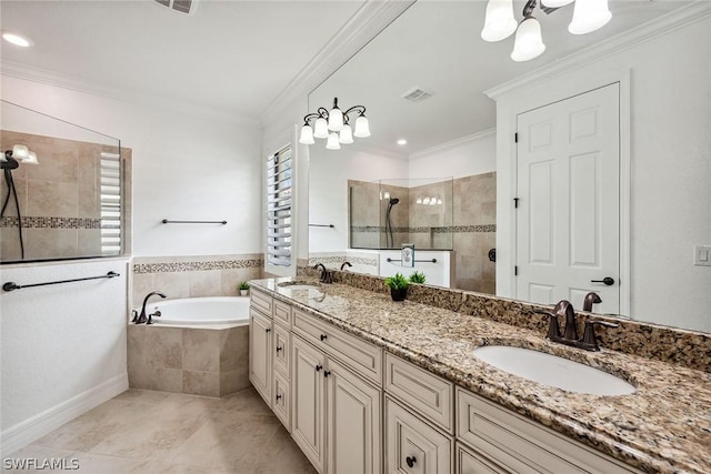 bathroom with shower with separate bathtub, ornamental molding, tile patterned floors, and vanity