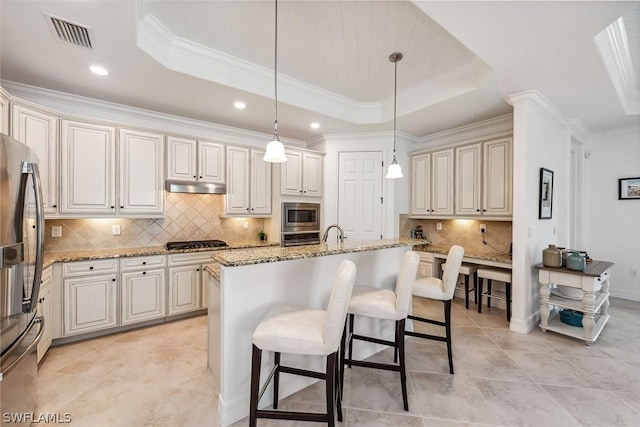 kitchen featuring decorative light fixtures, a raised ceiling, light stone countertops, a kitchen island with sink, and appliances with stainless steel finishes