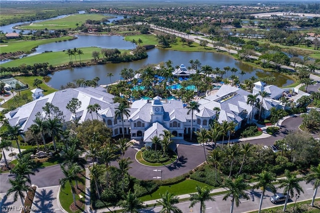 birds eye view of property featuring a water view