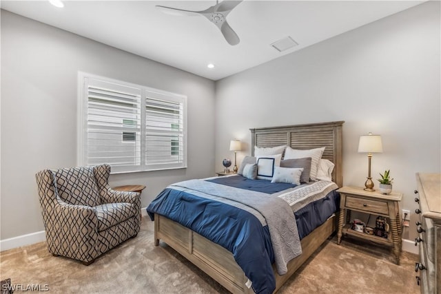 bedroom featuring carpet floors, recessed lighting, ceiling fan, and baseboards