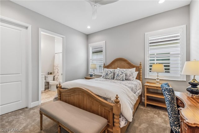 bedroom featuring carpet floors, recessed lighting, connected bathroom, and ceiling fan