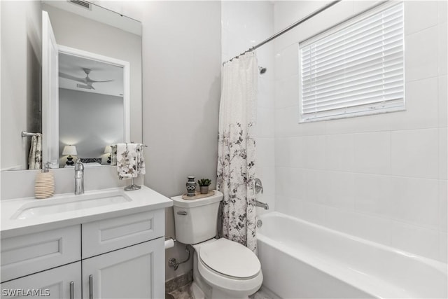 full bath featuring toilet, shower / tub combo, visible vents, and vanity