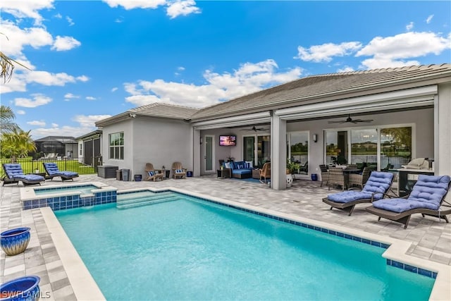 rear view of house with a patio area, fence, an outdoor living space, and a ceiling fan