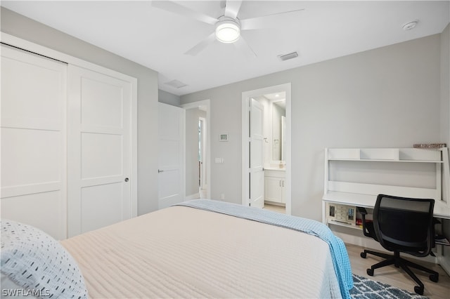 bedroom with a closet, ensuite bathroom, ceiling fan, and hardwood / wood-style floors