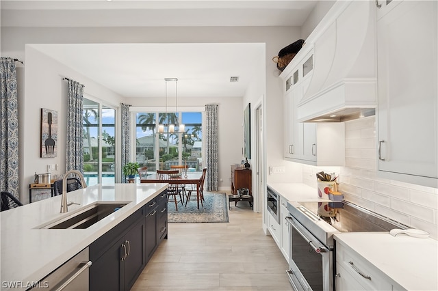 kitchen with backsplash, custom exhaust hood, white cabinets, sink, and appliances with stainless steel finishes