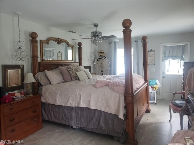 bedroom featuring tile flooring and ceiling fan