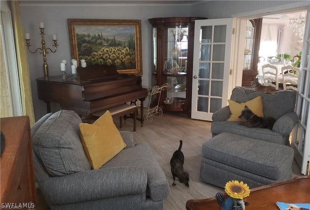 living room with french doors and wood-type flooring