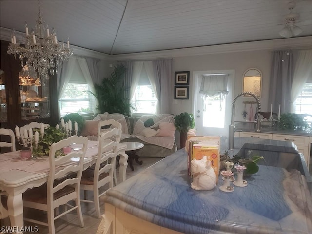 3200 Barrett Ave, Naples, FL 34112 - dining area featuring a chandelier, wooden ceiling, and ornamental molding