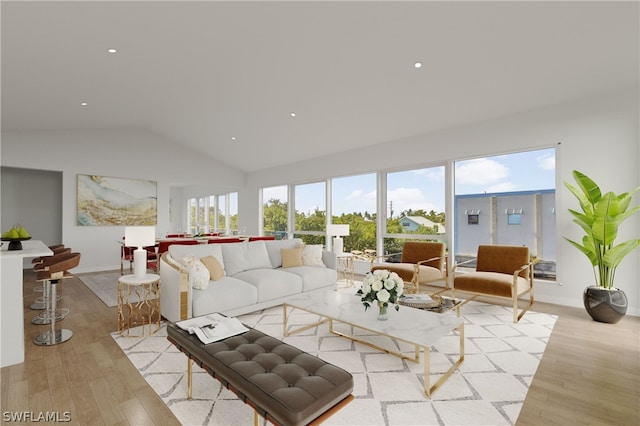 living room with light hardwood / wood-style floors, a wealth of natural light, and vaulted ceiling