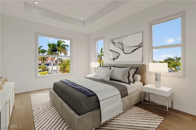 bedroom with light hardwood / wood-style floors and a raised ceiling