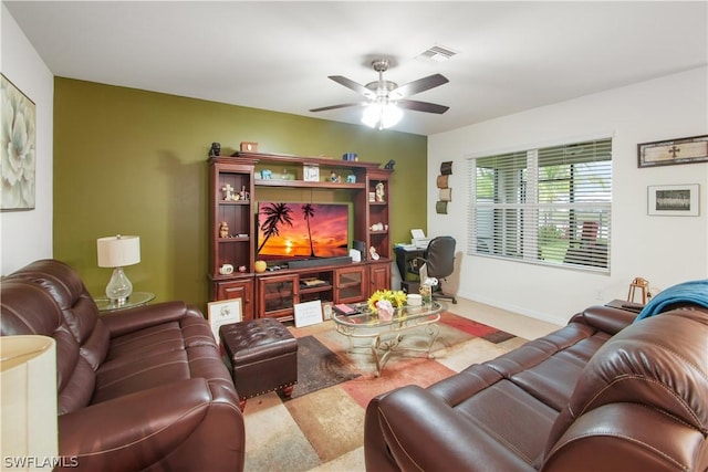 living room featuring ceiling fan