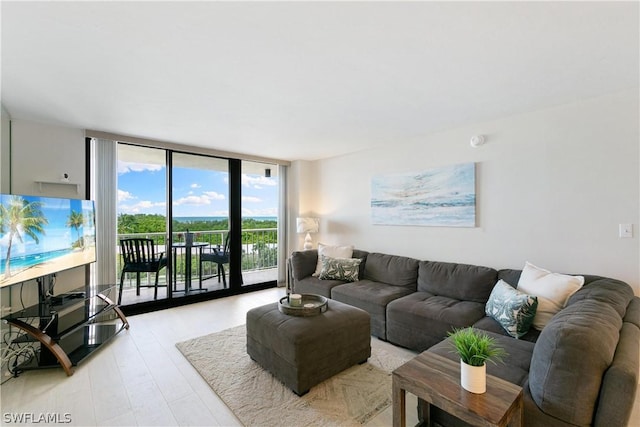 living room featuring floor to ceiling windows and light hardwood / wood-style flooring