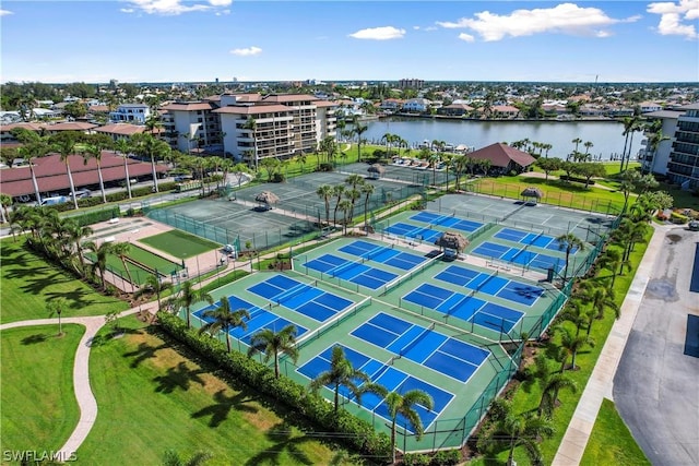 drone / aerial view with a water view