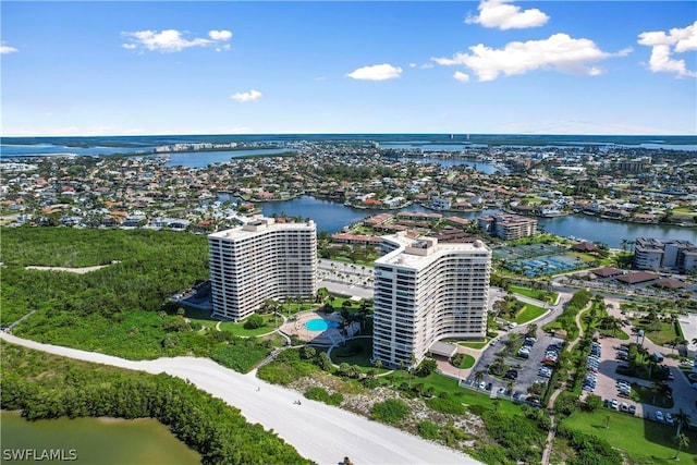 bird's eye view with a water view