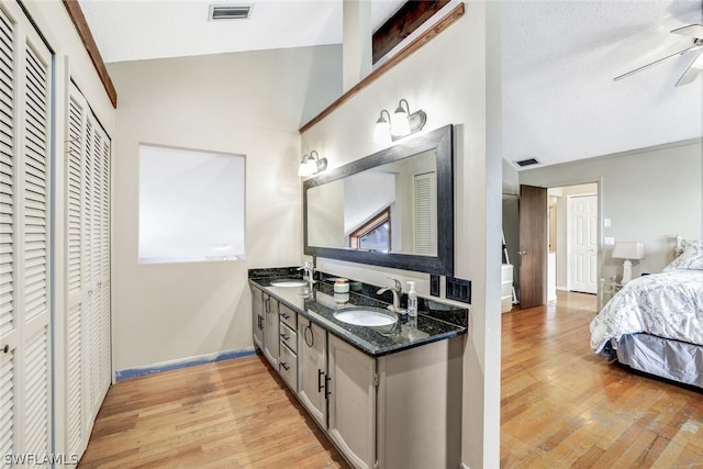 full bathroom featuring lofted ceiling, a closet, visible vents, and a sink