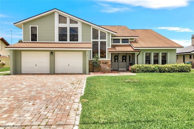 view of front of property with an attached garage, a shingled roof, stone siding, decorative driveway, and a front lawn