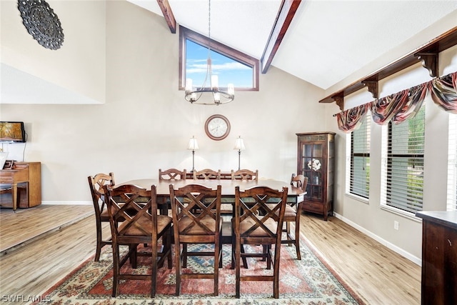 dining area with light wood finished floors, beam ceiling, baseboards, and a notable chandelier