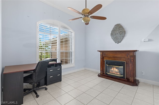 office area featuring crown molding, ceiling fan, and light tile patterned floors