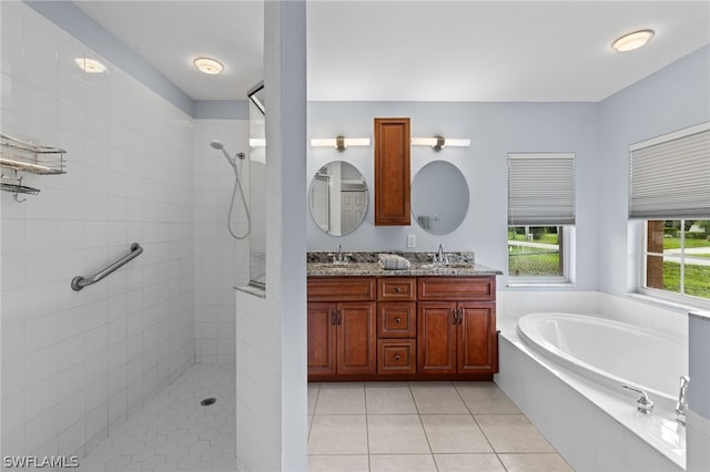 bathroom with vanity, separate shower and tub, and tile patterned flooring