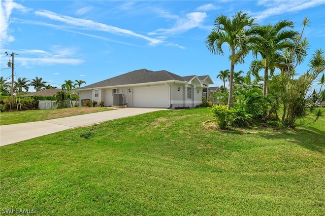 single story home with a garage, central AC unit, and a front lawn