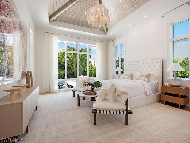 bedroom with light carpet, wood ceiling, and a notable chandelier