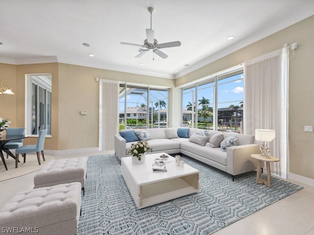 tiled living room featuring ceiling fan and crown molding