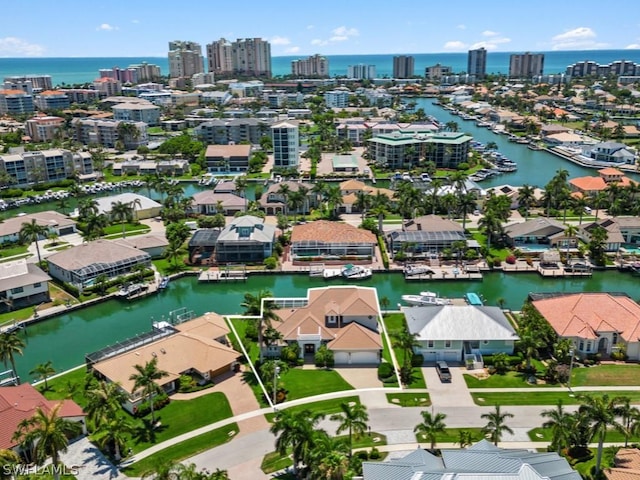 drone / aerial view featuring a water view