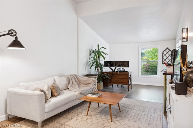 living room featuring lofted ceiling and light wood-type flooring