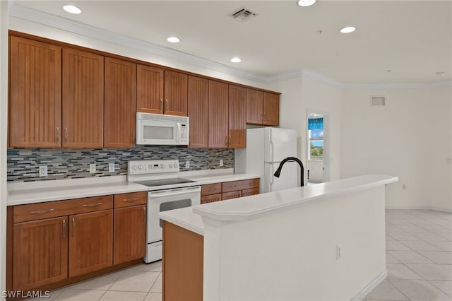 kitchen with white appliances, a center island with sink, crown molding, decorative backsplash, and light tile patterned floors