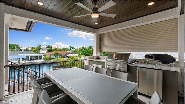 view of patio / terrace with area for grilling, ceiling fan, sink, a water view, and grilling area